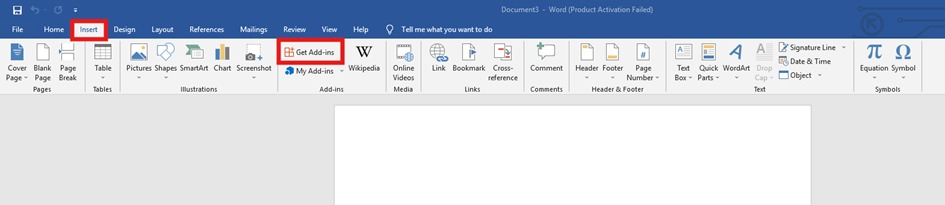 Menu Insertion > Compléments dans Microsoft Word sur Windows
