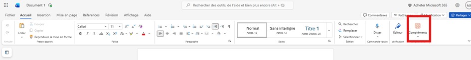Accès aux compléments dans Word en ligne – menu Accueil