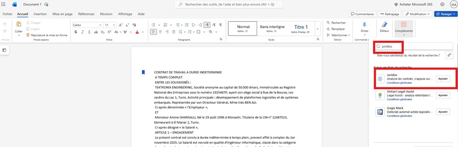 Recherche de l'add-in Juridoc dans le Microsoft Store Word en ligne