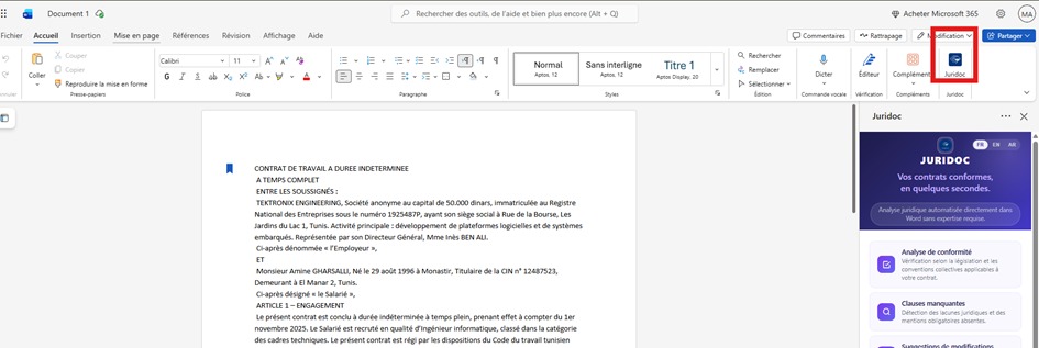 Icône Juridoc dans le ruban Word en ligne après installation