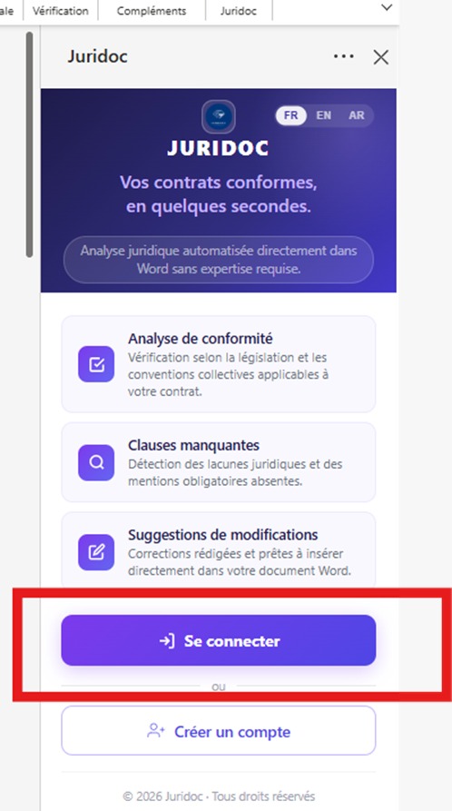 Écran de connexion Juridoc dans le panneau latéral Word