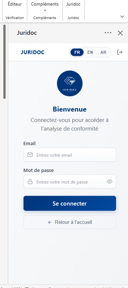 Tableau de bord Juridoc ouvert dans Word après connexion